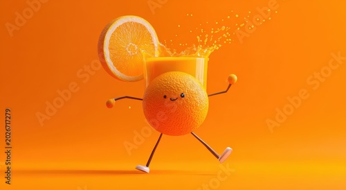 Cheerful orange character with arms and legs, standing near a glass of orange juice, against an orange backdrop.