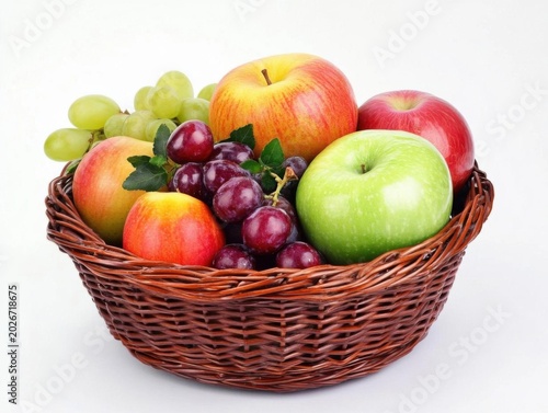 Fresh Mixed Fruit Basket on White Isolated Background