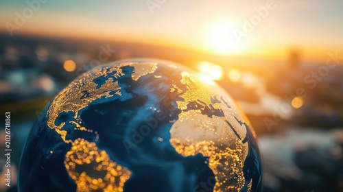 Glowing Golden Globe at Sunset Over Blurry Urban Cityscape