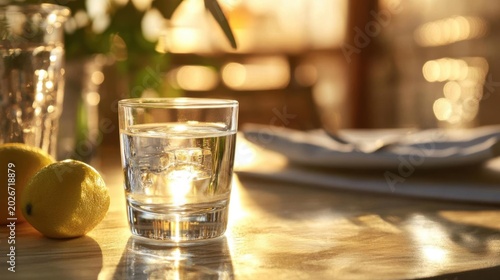Golden Hour Dining Table Setting with Water Glass and Fresh Lemons