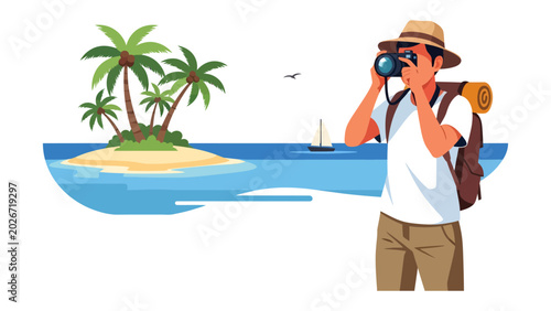 Island Adventure: A man with a backpack and camera explores a tropical island paradise, capturing the scenic beauty of palm trees, ocean, and a distant sailboat.
