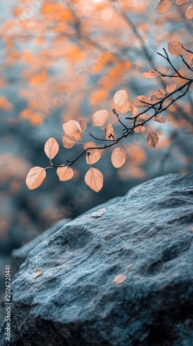 Peach Autumn Tree Branch Over Gray Rock Nature Scene