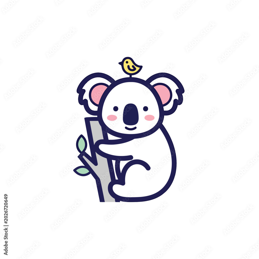 Fototapeta premium Cute cartoon koala sitting on a tree branch with a small bird on its head.