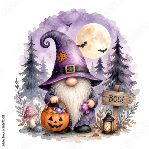 Halloween gnome collecting candy in moonlit forest