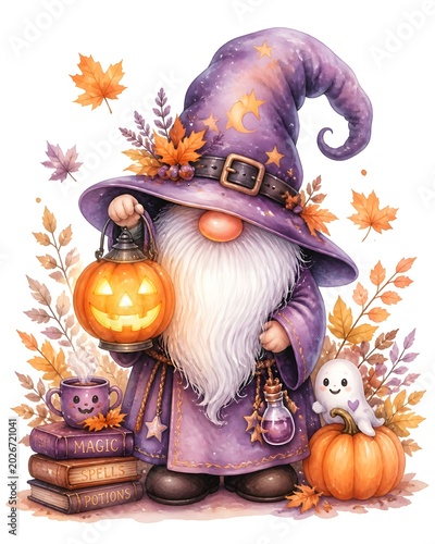Cute Halloween gnome wizard holding glowing pumpkin lantern,