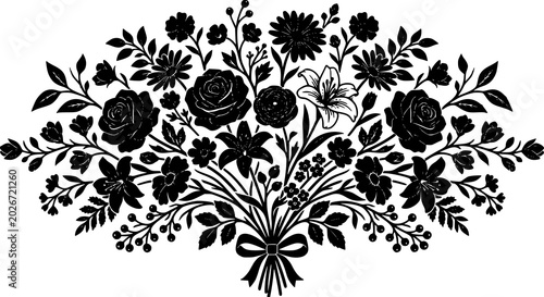 Fotografie Black floral bouquet silhouette vector with symmetrical flowers and leaves illus