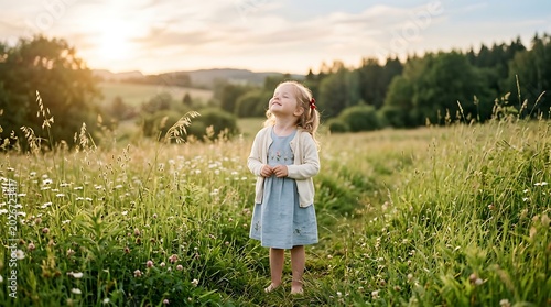A little girl stands in a lush green meadow filled with wildflowers, looking upwards with a serene expression.