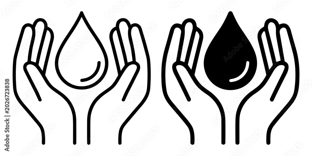 Fototapeta premium Hydration care vector icons with filled and outline water drops held by protective hands on transparent background