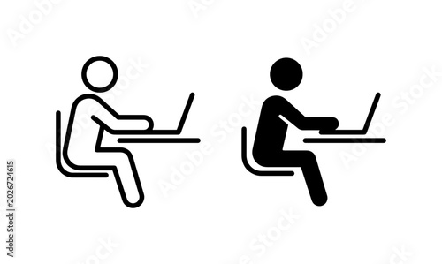 Vászonkép Simple Stick Figure Icon Set, Person Working on Laptop Computer, Black and White