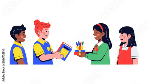 Foto Sharing is Caring: Two children exchange gifts of books and stationery, fostering a spirit of generosity and friendship in a colorful, modern illustration
