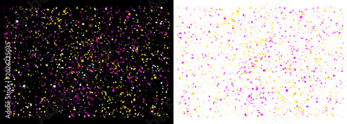 Konstfotografi Vibrant multicolored confetti scattered on black and transparent backgrounds for
