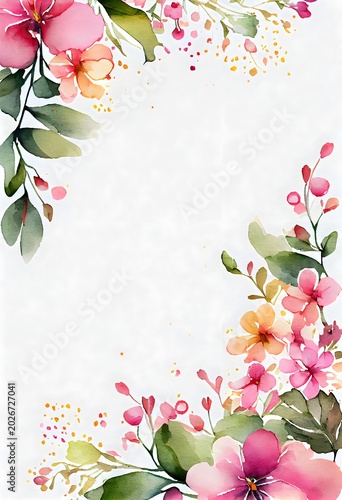 Watercolor floral frame with hand painted pink and peach flowers and green leaves on white background for wedding invitations, greeting cards, romantic social media templates and creative stationery