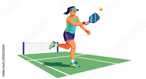 Foto Woman playing pickleball, hitting ball with paddle on court, active lifestyle sp