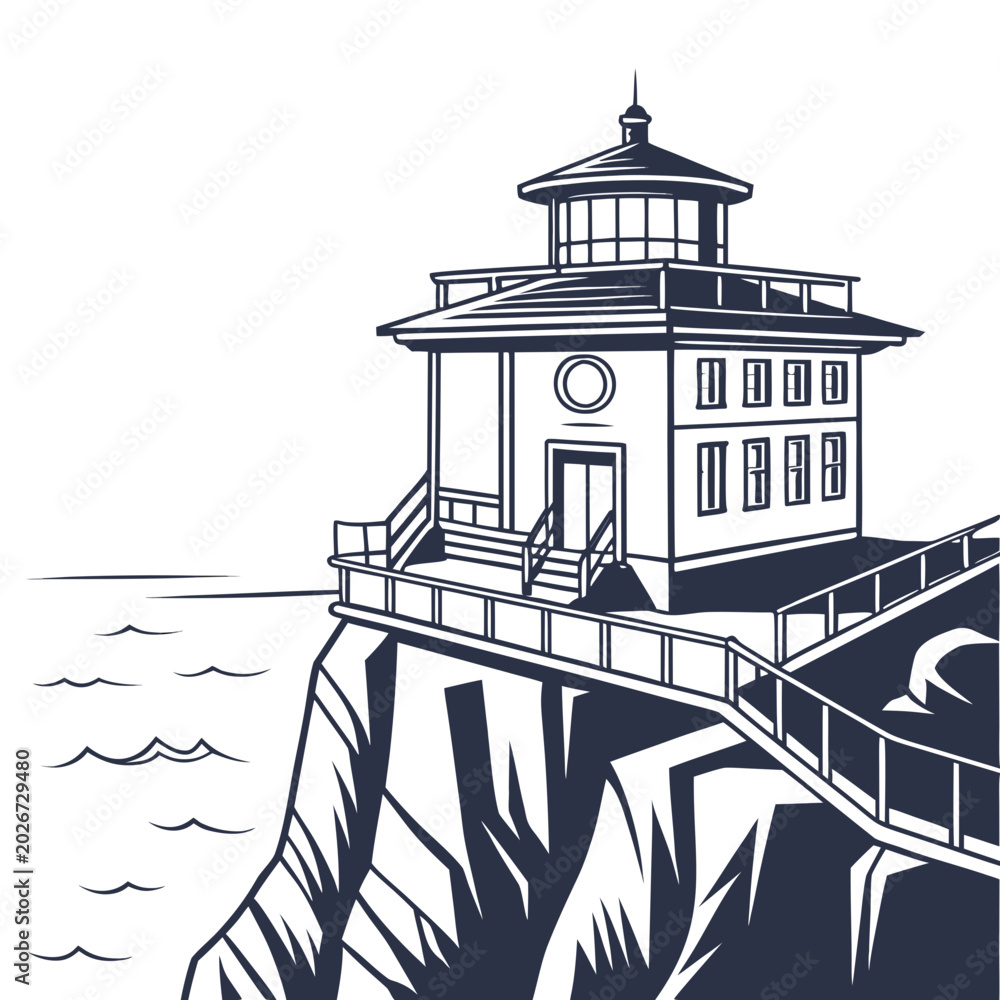 Obraz premium Lighthouse on a rocky cliff overlooking the sea with waves crashing, guard tower