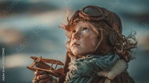 Young child wearing pilot hat and goggles holding toy airplane, looking up, dreaming of flying
