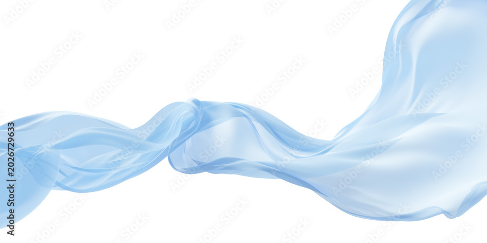 Fototapeta premium Light blue sheer fabric flowing in the wind isolated on transparent background with copy space 3D render