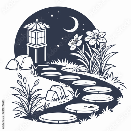 Photography Traditional japanese garden path with stepping stones lantern flowers moon