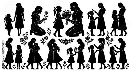 Konstfotografi Mother daughter flower bouquet silhouette illustration collection with loving fa