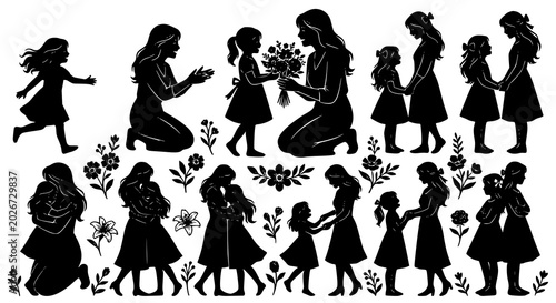 Canvastavla Creative mother and daughter bouquet silhouette vector set with emotional family