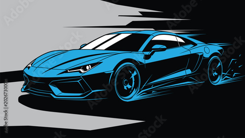 Photos A sleek, modern sports car is depicted in motion on a dark, abstract background, conveying speed and power