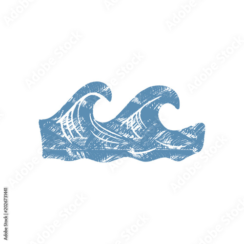 ocean wave vector icon in crosshatch engraved sketch style — isolated sea water illustration for nautical logo, stamp, rustic surf or minimal marine design
