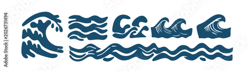 Set of blue ocean wave vector silhouettes in linocut and woodcut style — isolated sea illustrations for nautical logo, stamp, surf or marine design clipart