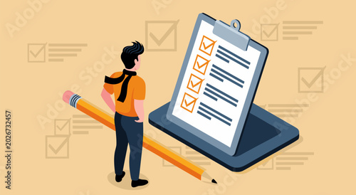 Canvastavla Checklist And Pencil - Modern Vector Illustration Of A Person Making A List And