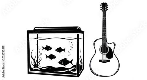Photography Acoustic Guitar and Fish Tank Illustration