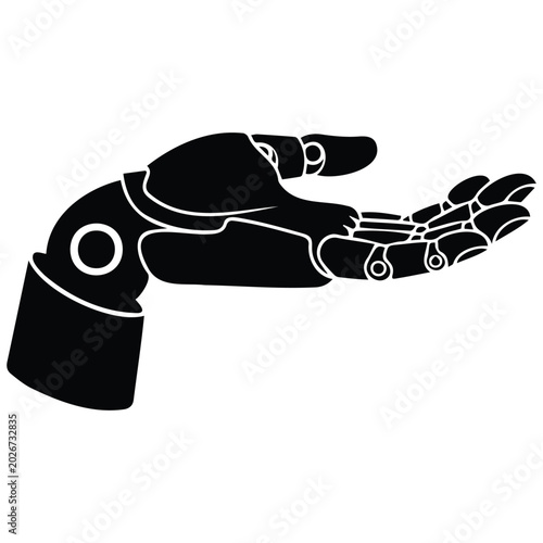 Robot hand open, black silhouette illustration, technology concept.