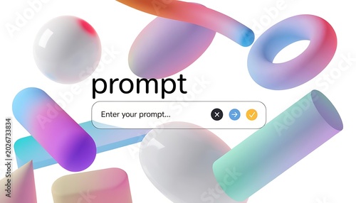 Abstract 3d shapes in pastel gradient colors float around a search bar labeled 