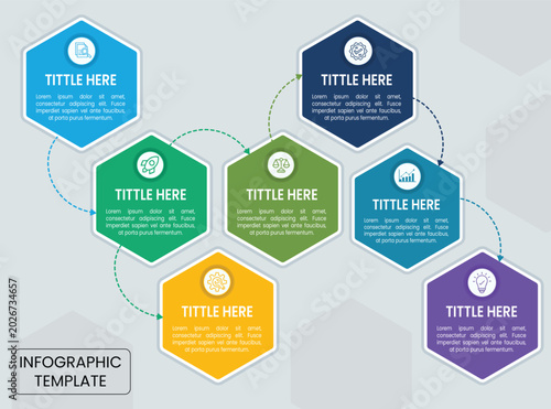 Modern Hexagonal Business Infographic Template with Connected Workflow Elements and Professional Corporate Layout
