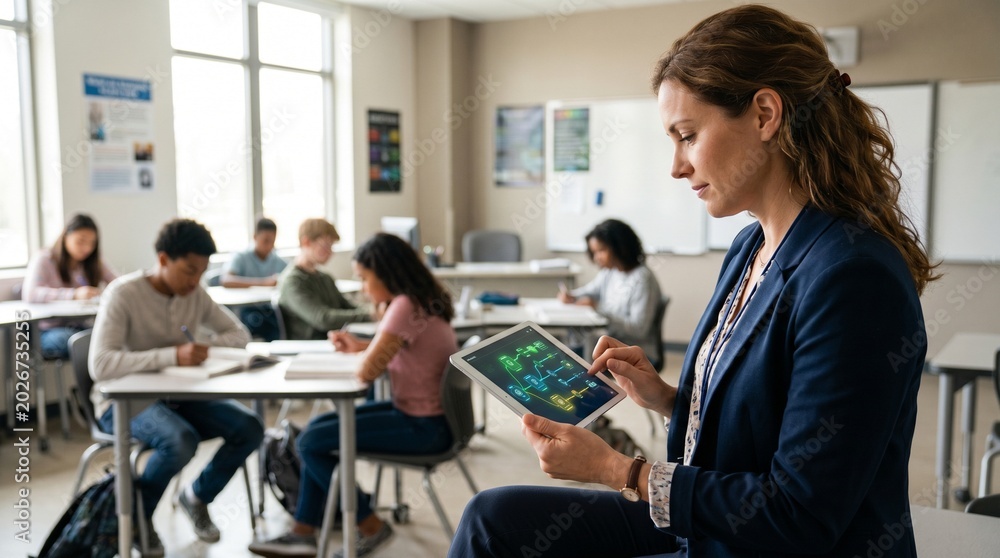© Alexandr - Teacher reviewing AI-driven adaptive learning data in classroom © Alexandr - Teacher reviewing AI-driven adaptive learning data in classroom