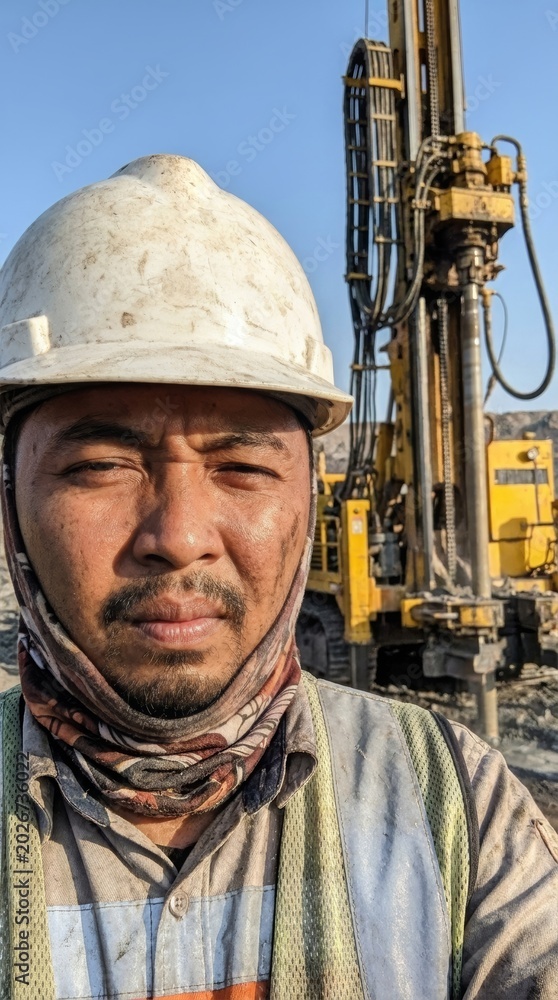 Fototapeta premium Rugged Mining Driller Working at Quarry Site Portrait