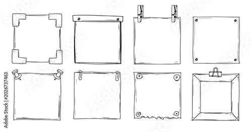 Vector doodle hand drawn paper notes or reminders. Set of line art square paper sheet, tag, notice messages, diary sticky note. 