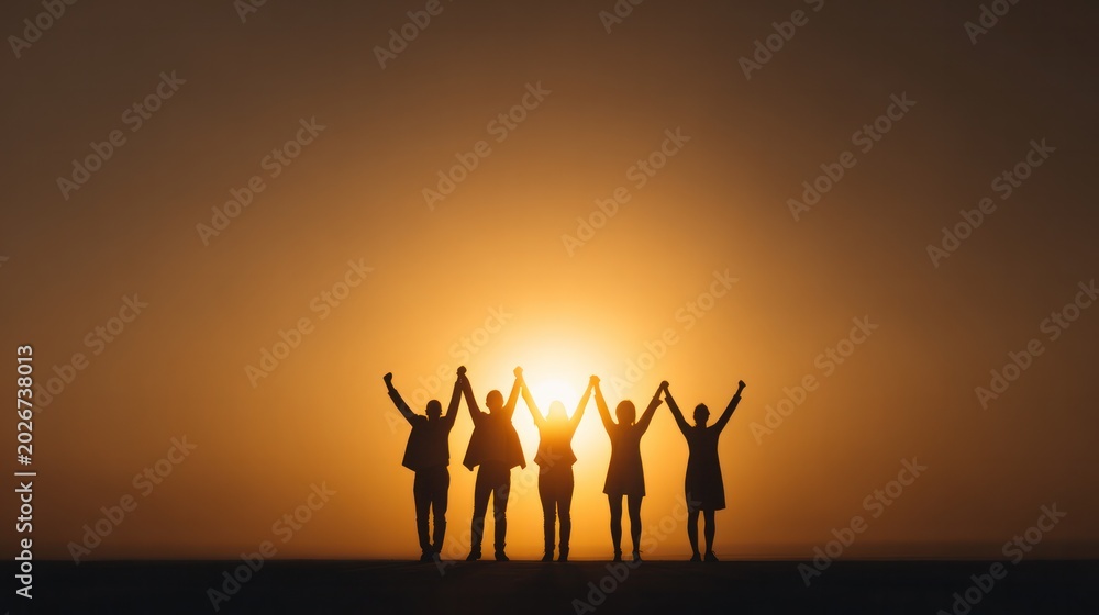 Fototapeta premium Unity at Dawn: A silhouette of five individuals standing together with raised hands, symbolizing togetherness and hope as they face the rising sun.