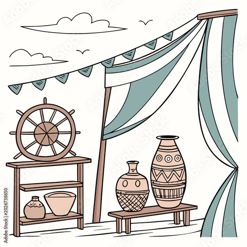 Fotografia Marine themed decor with ships wheel and decorative clay pottery vases, nautical