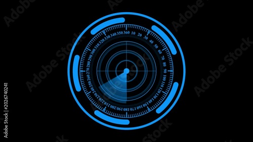 Blue digital radar hud interface scanning animation, futuristic circular tech display for sci-fi ui and data monitoring