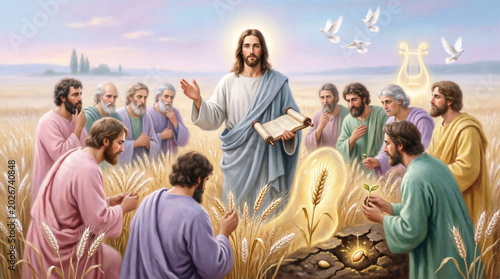 Jesus Preaches the Parable of the Sower Among Disciples in a Vast Golden Wheat Harvest Field.