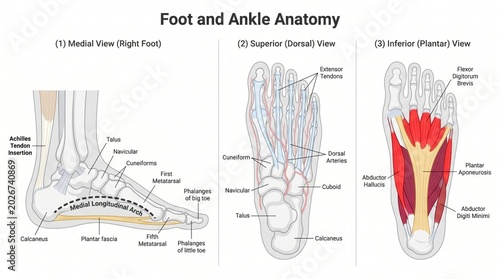 Labelled anatomy chart of human foot and ankle with plantar views