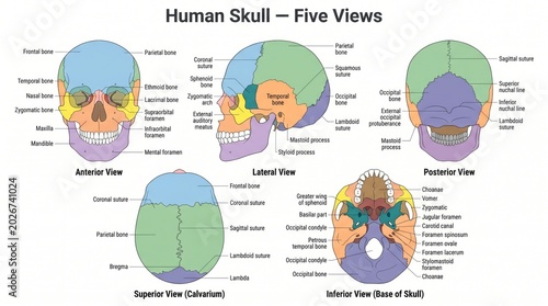 Five-view skull anatomy poster with colour-coded cranial bones
