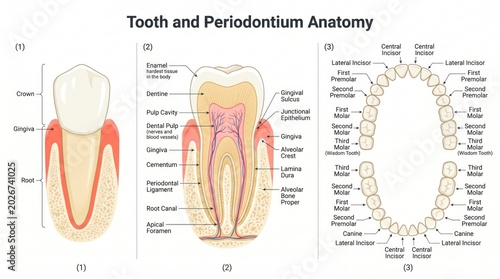Tooth and periodontium anatomy poster with labelled dentition diagram