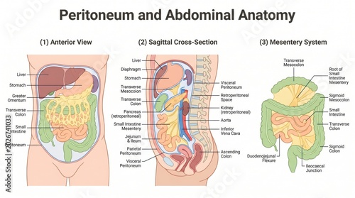Anatomy chart of peritoneum and abdominal organs with spatial relationships