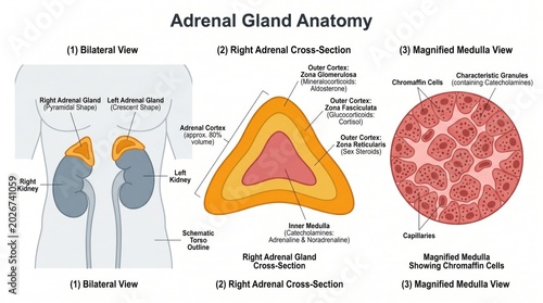 Anatomy chart of adrenal gland cortex zones and medullary structures