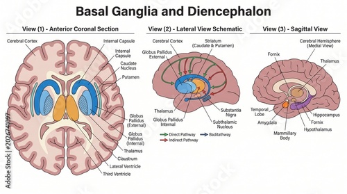 Anatomy chart of basal ganglia and diencephalon with labelled circuit pathways