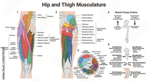 Four-view anatomy chart of human hip and thigh musculature