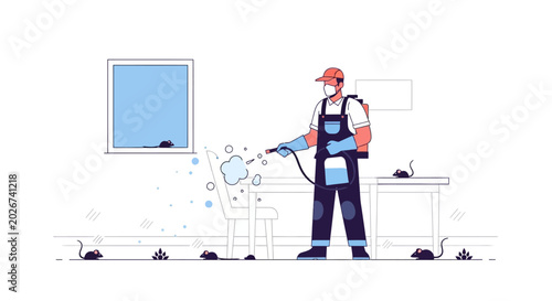 Foto Pest Control Specialist Spraying Mice in Office Interior