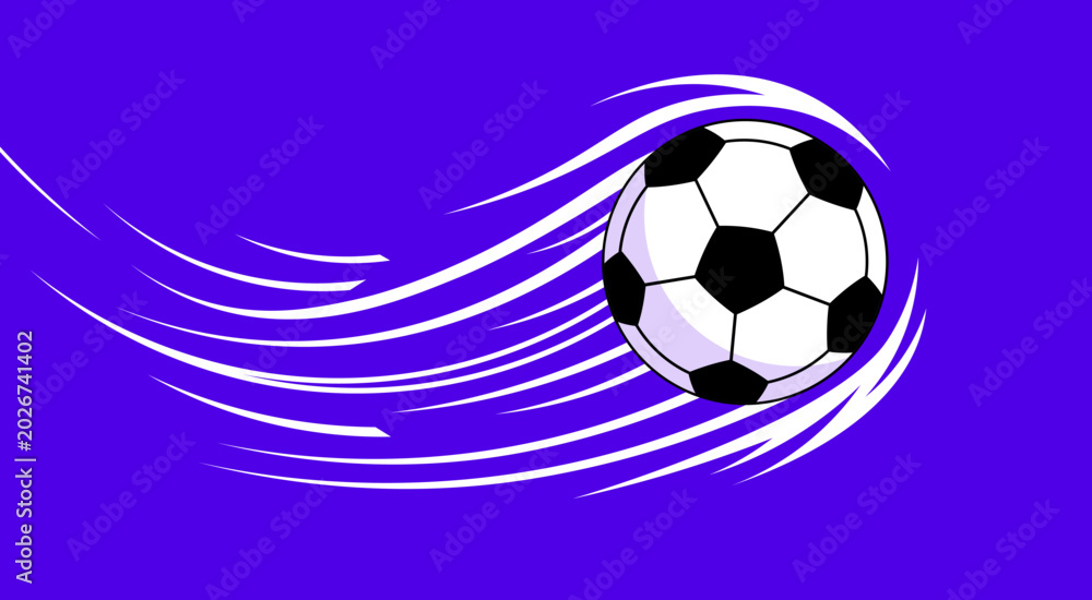 Fototapeta premium Cartoon soccer ball illustration with speed trails on a purple background.