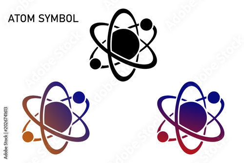 Atom Symbol Graphic: A trio of stylized atom symbols, rendered in black and gradient colors, representing fundamental scientific principles and atomic structure.