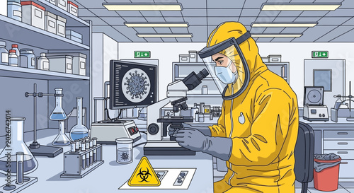 Fotografía Scientist in Biohazard Suit Working in Laboratory Researching Virus