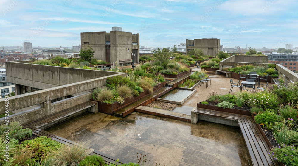 Fototapeta premium Green rooftop on an adaptive brutalist office building